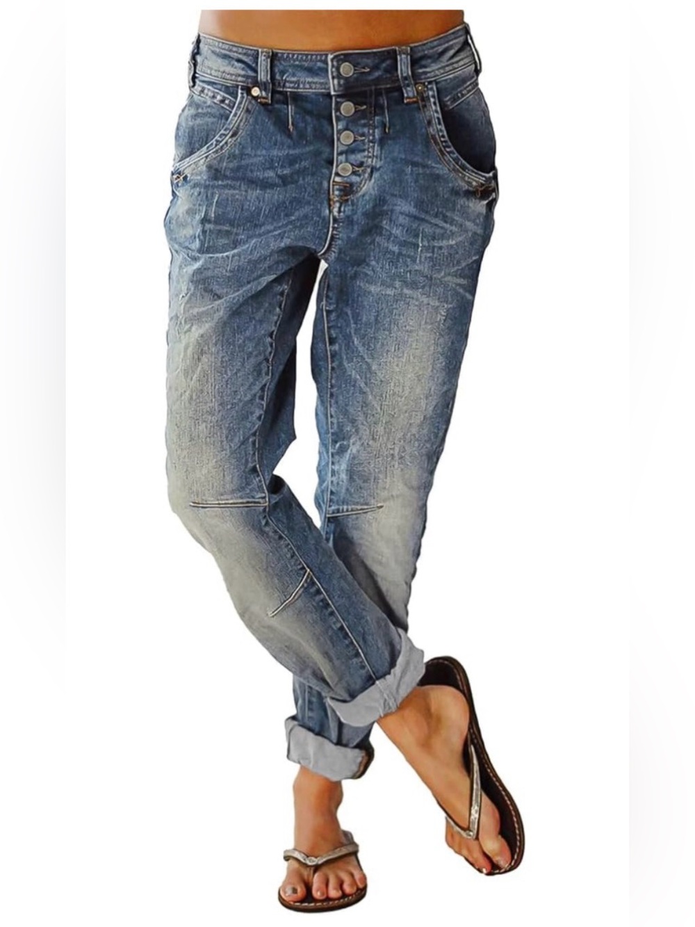Flamingals Mid-rise Stretchy Casual Boyfriend Fit Distressed Jeans